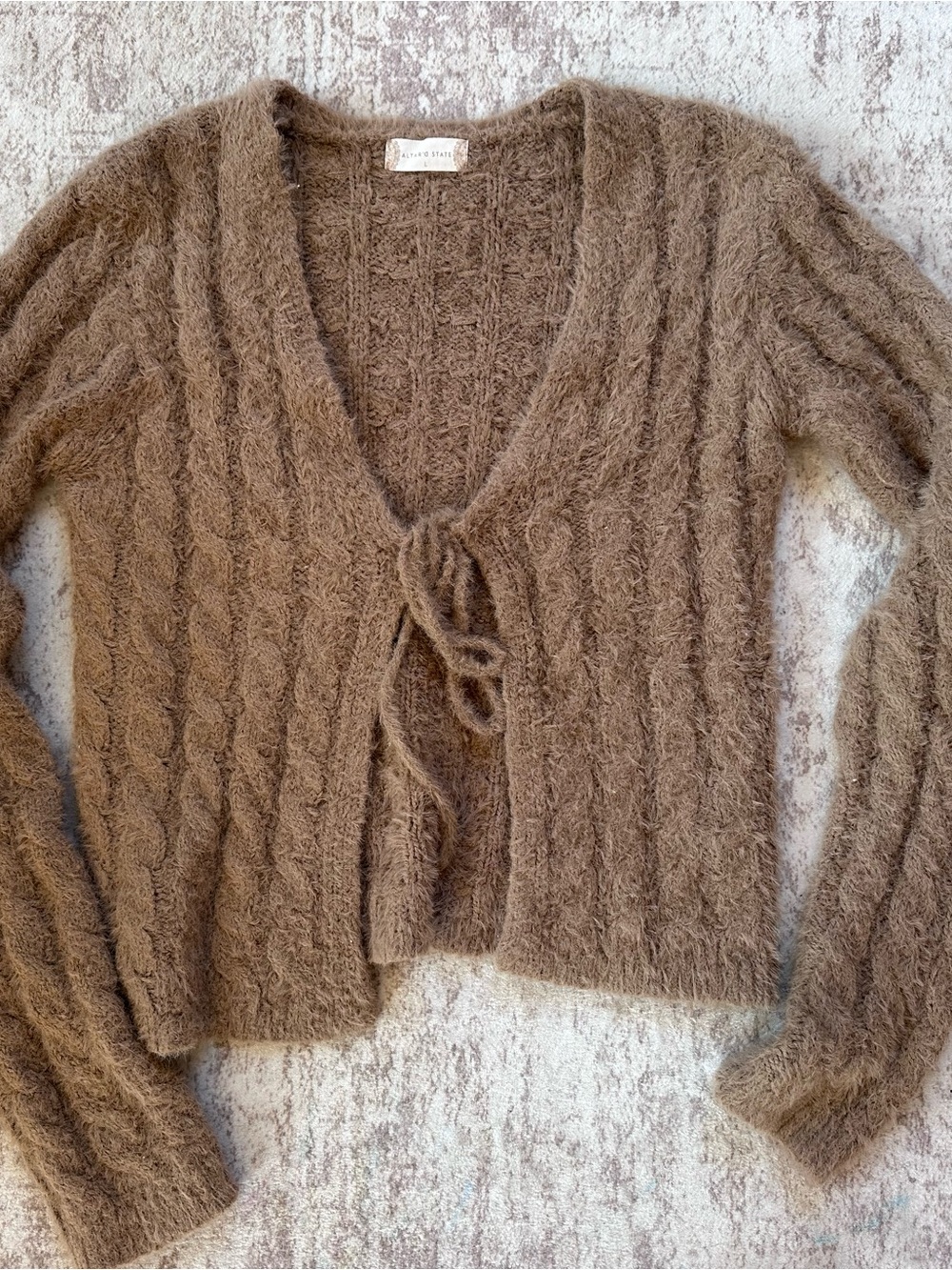 Altar’d State Fuzzy Cable-Knit Tie-Front Sweater Cardigan - Brown